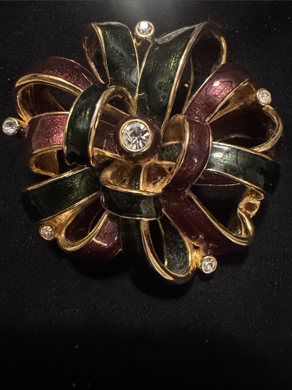 Gold Tone Floral Ribbon Brooch with Green and Burgundy Enamel